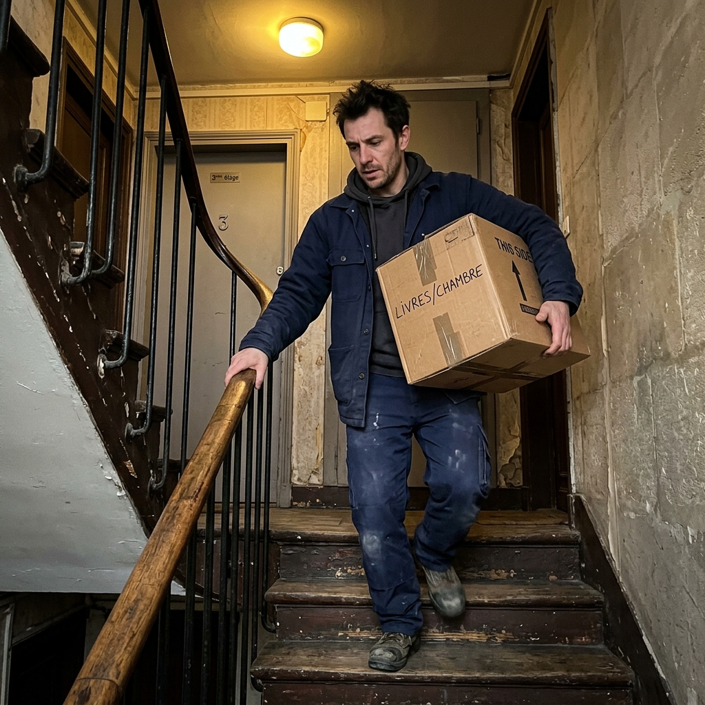 Déménageur Brignon & Fils portant un carton de déménagement dans un escalier parisien