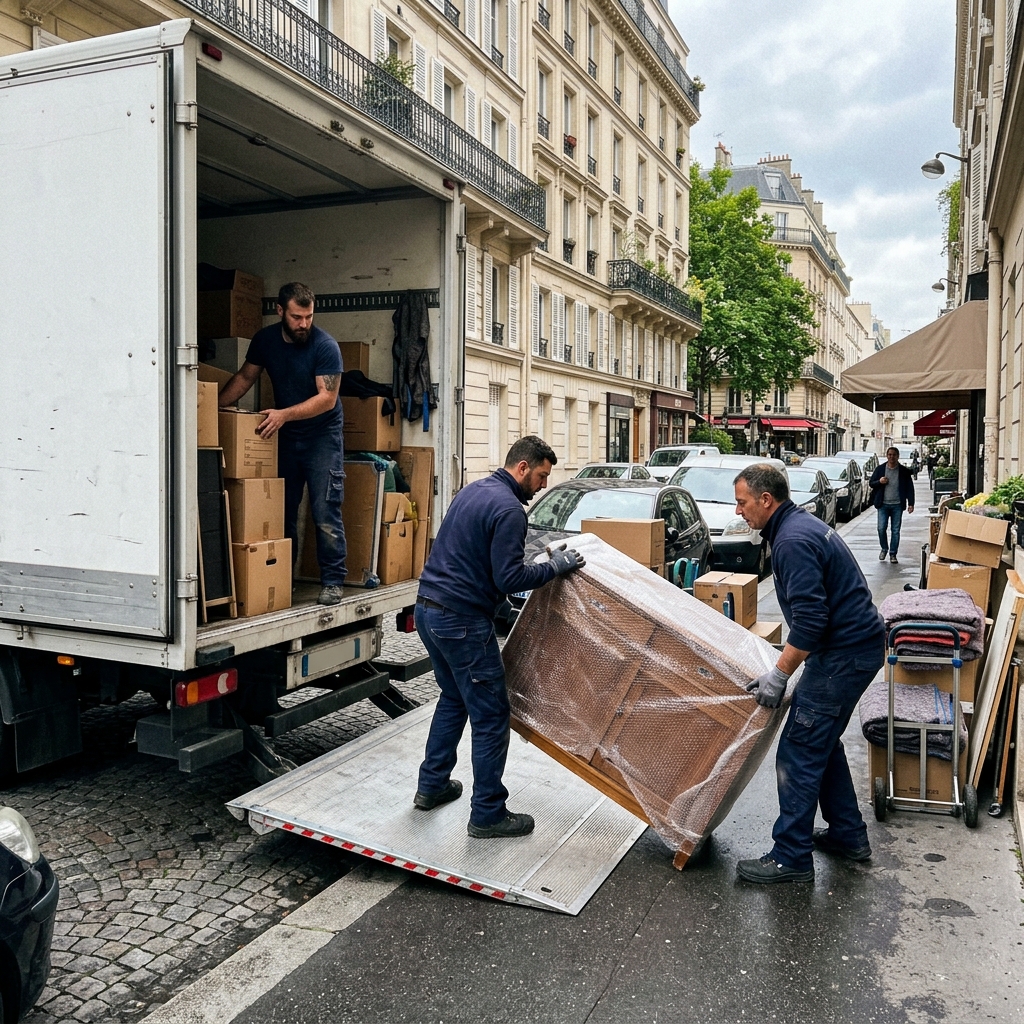 Équipe de déménageurs Brignon & Fils chargeant un camion de déménagement