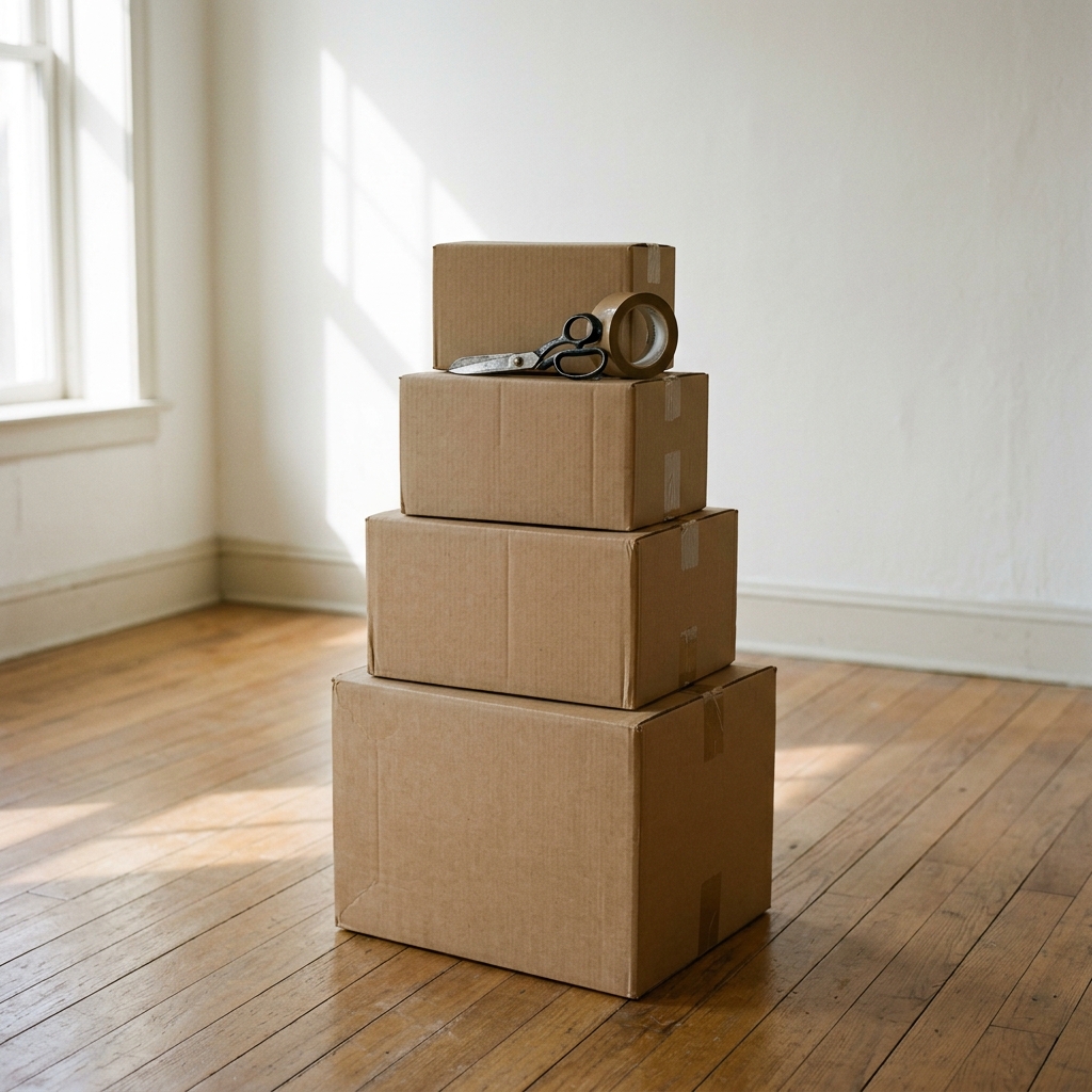 Cartons de déménagement empilés dans un appartement — service Brignon & Fils