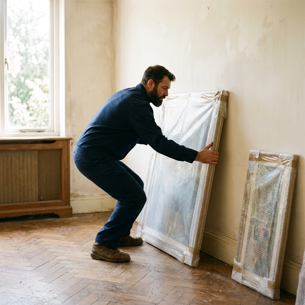 Déménageur Brignon & Fils posant un tableau emballé — emballage professionnel