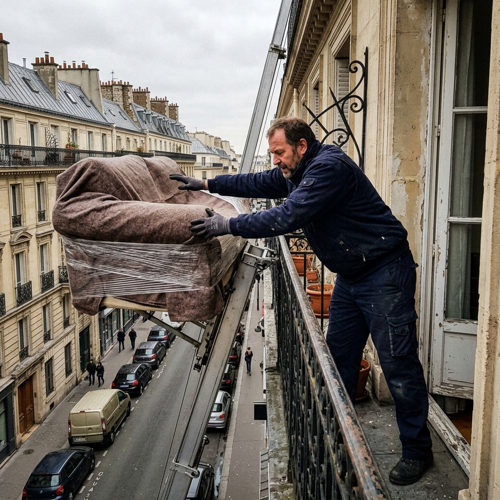 Monte-meuble Brignon & Fils — déménageur sur balcon guidant un canapé en nacelle
