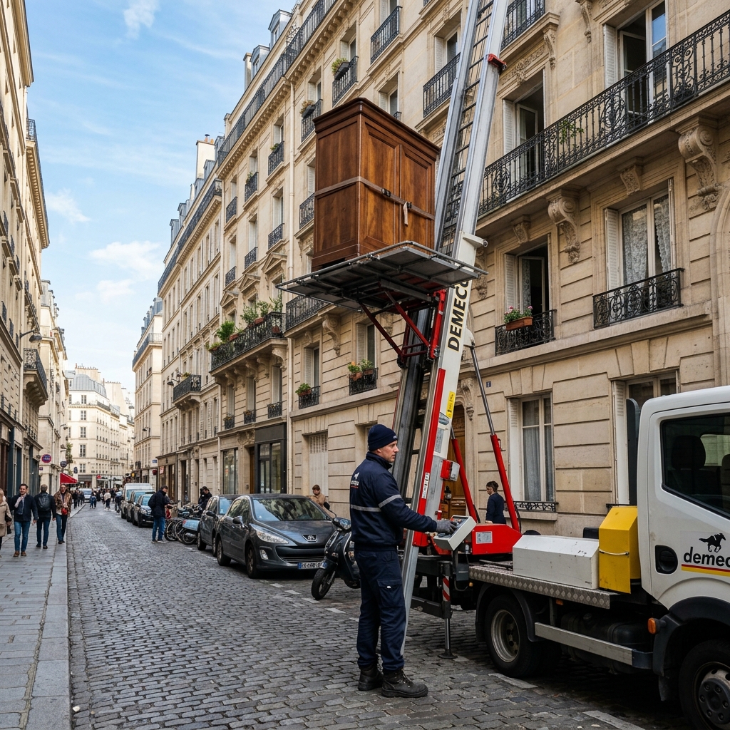 Monte-meuble en action sur un immeuble parisien